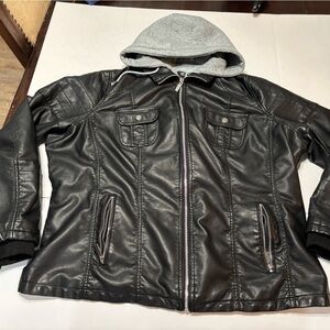 Royalty For Me Black Faux Leather Hooded Jacket with Gray Hood
